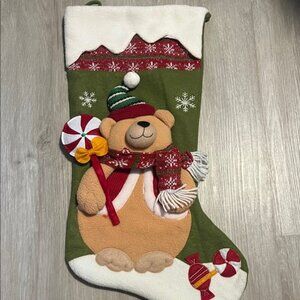 Festive Bear Christmas Stocking - Green and White